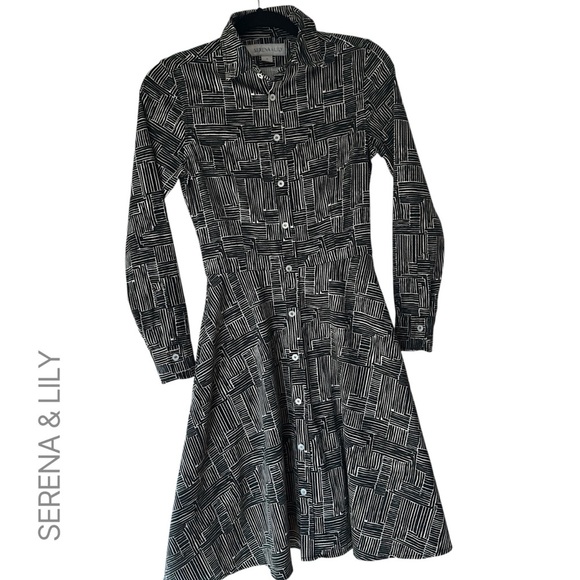SERENA & LILY NWOT BUTTON FRONT “JANE ” SHIRT DRESS BLACK & WHITE | SIZE: 0 - Picture 1 of 12